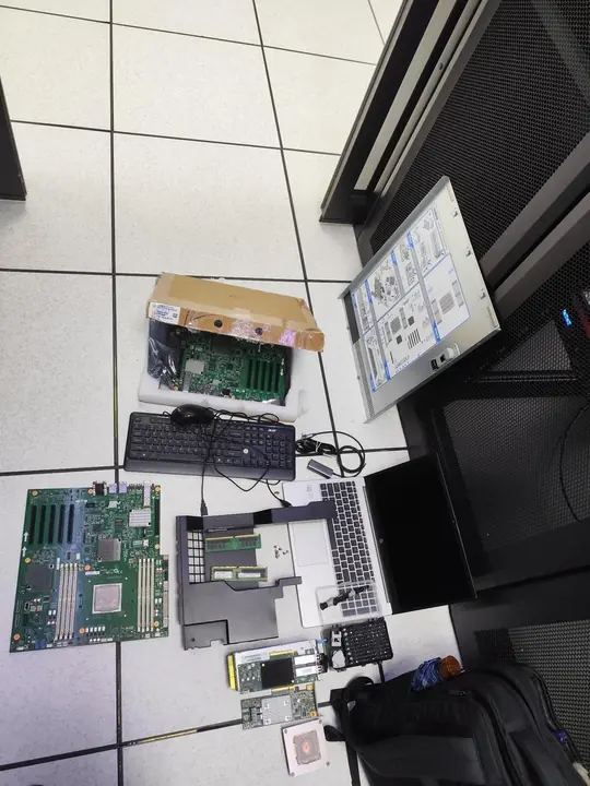Server hardware components and test equipment used for repair verification