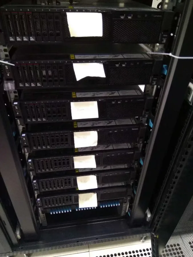 Front view of refurbished Lenovo ThinkSystem SR550 servers after rack installation