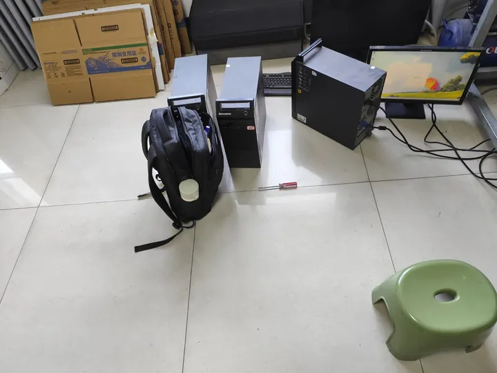 Desktop computers, monitors and retired office hardware prepared for evaluation