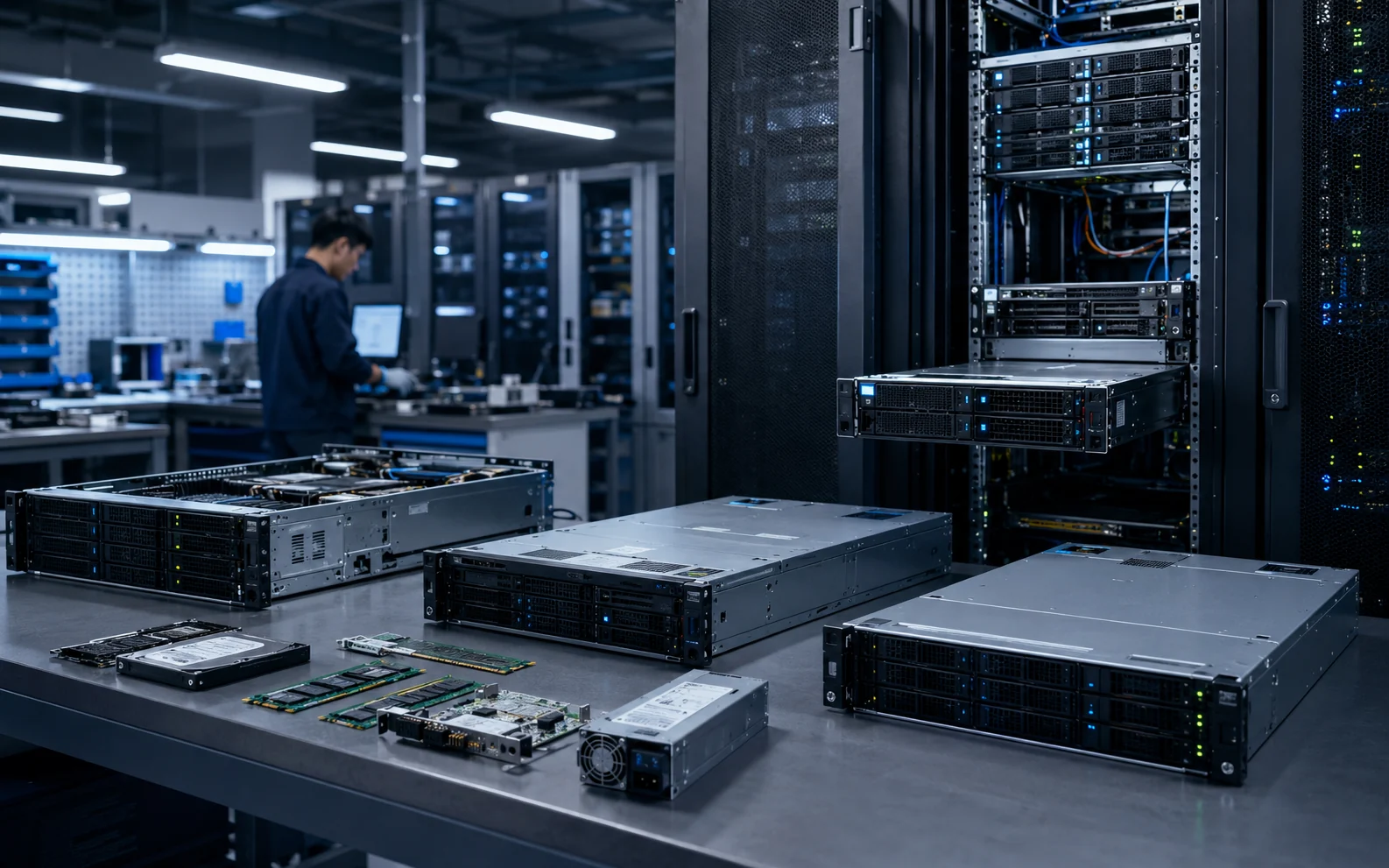 Enterprise server engineer inspecting rack servers in a data center